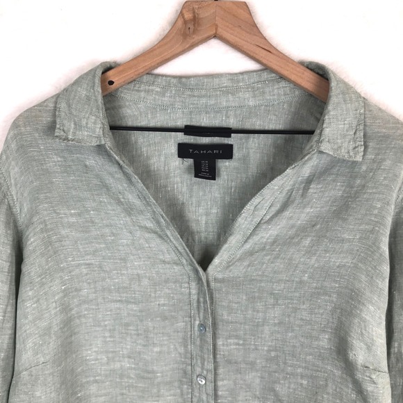TAHARI 100% Linen Tunic Top Women's Plus Sz 1X Sage Green Roll Tab Lagenlook - Picture 4 of 9